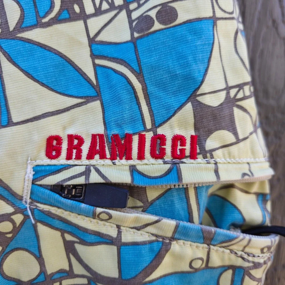 Gramicci Board Shorts Swim Trunks Geometric Print Blue Yellow Men's Size 38